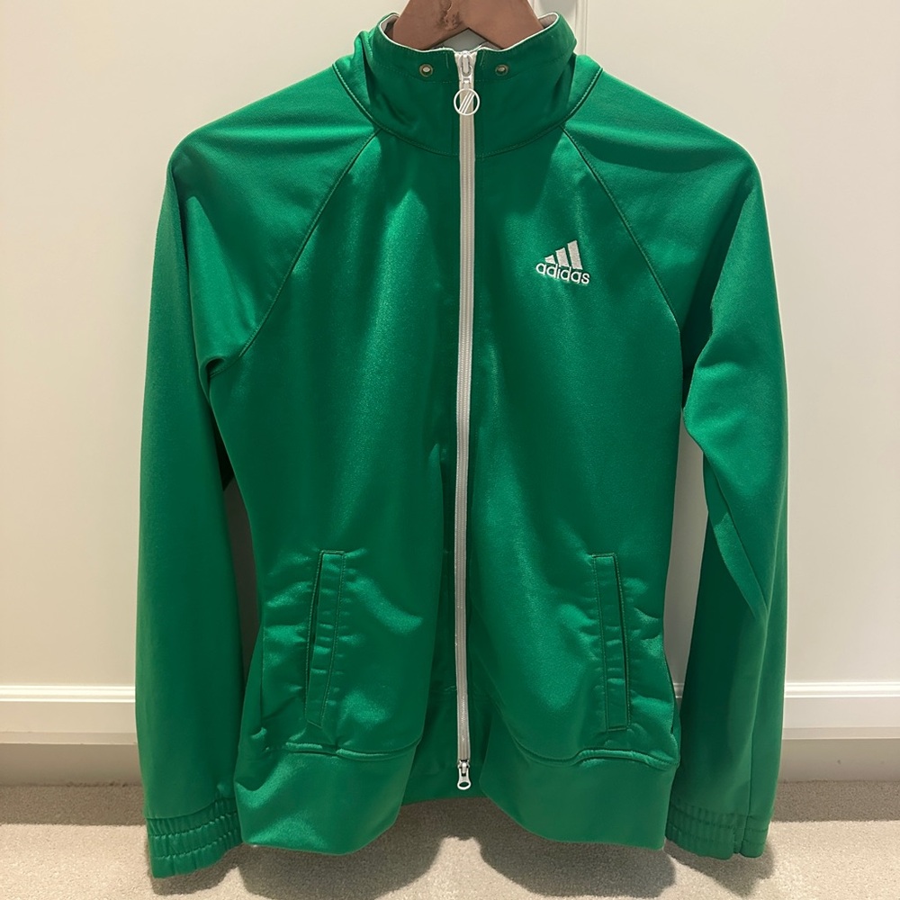 Adidas Green Track Jacket with Stand-Up Collar and Full Zipper